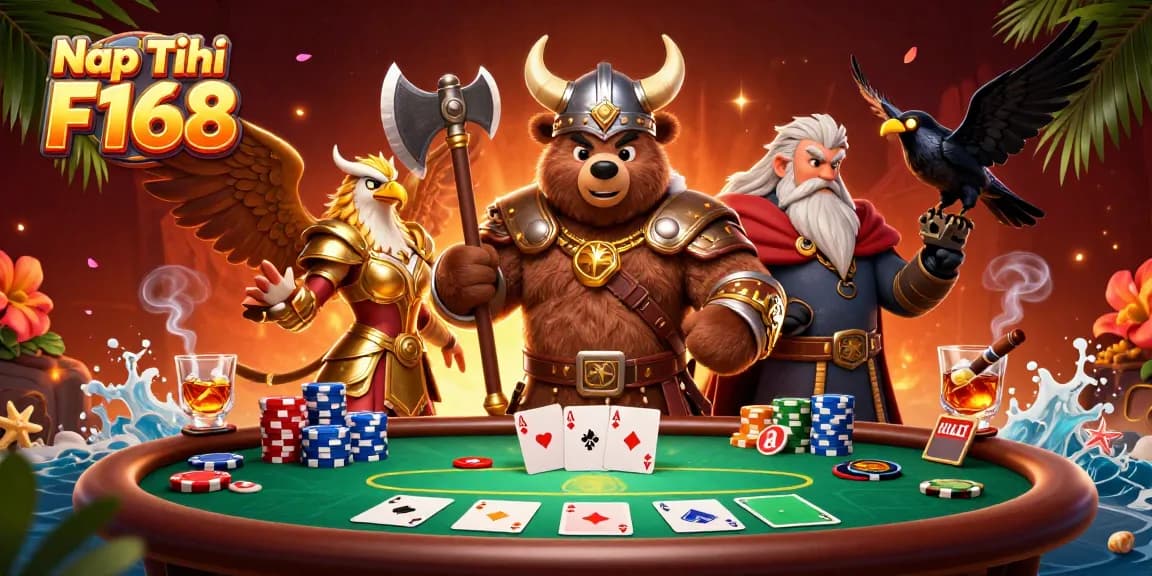 Nạp Tiền F168 with a Viking bear and Valkyrie eagle at a vibrant poker table