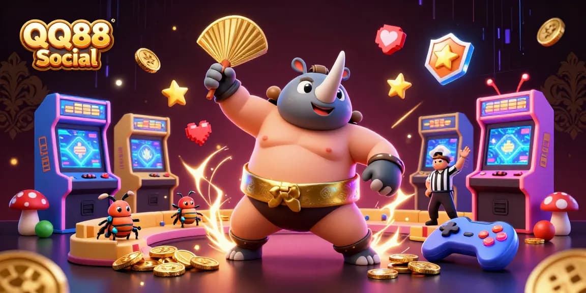 Join the excitement at QQ88 Social with a thrilling scene of cartoon beetle champions and casino elements.