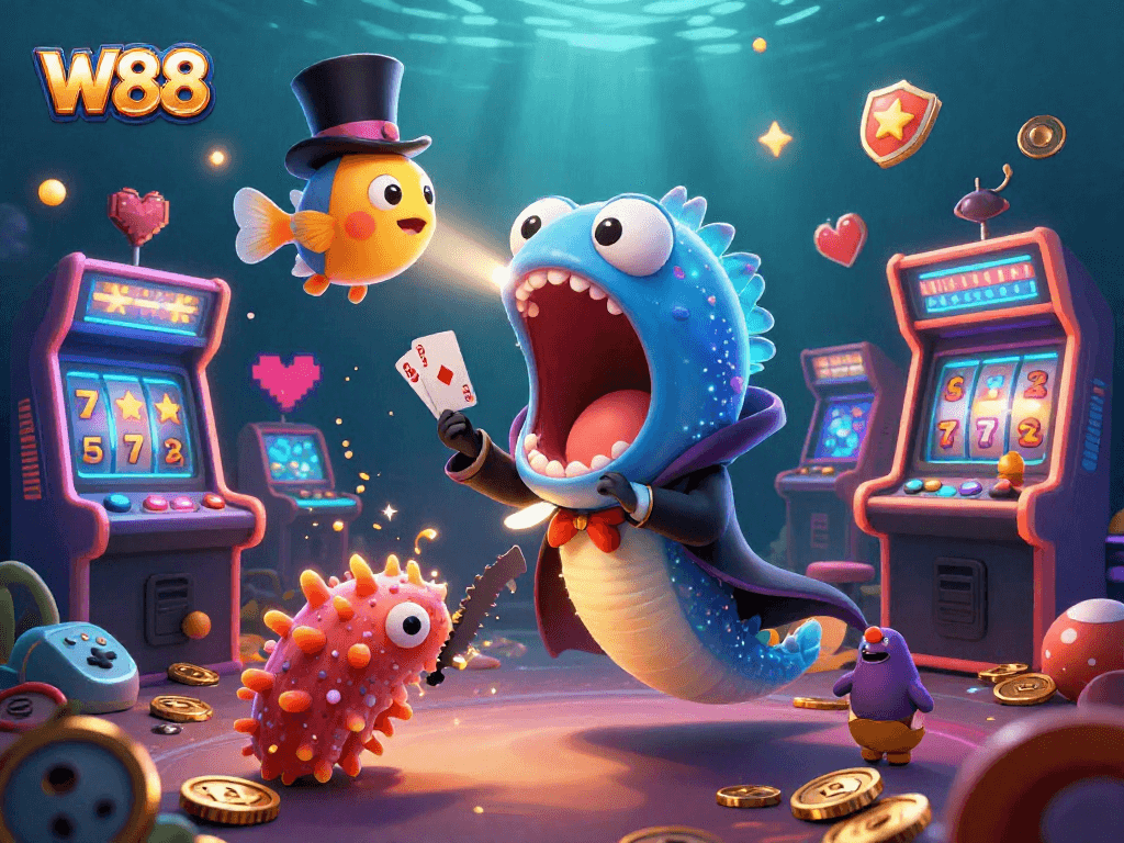 Experience the thrilling W88 magic as a bioluminescent eel performs casino card tricks with a dazzling backdrop of arcade games.