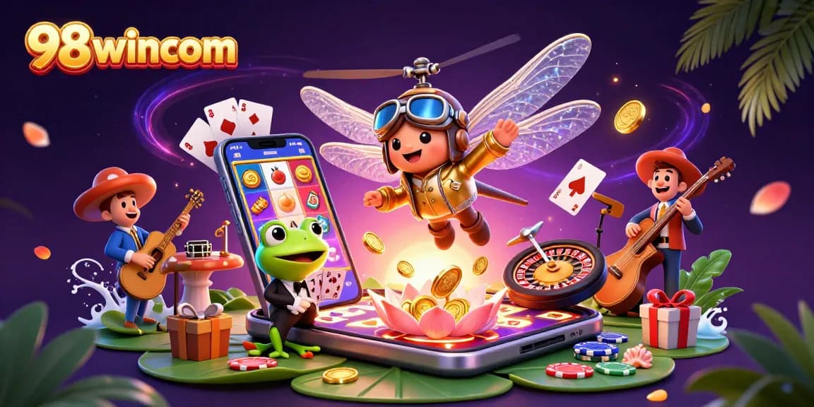 Experience thrilling gameplay at 98wincom with a vibrant 3D illustration showcasing casino elements.