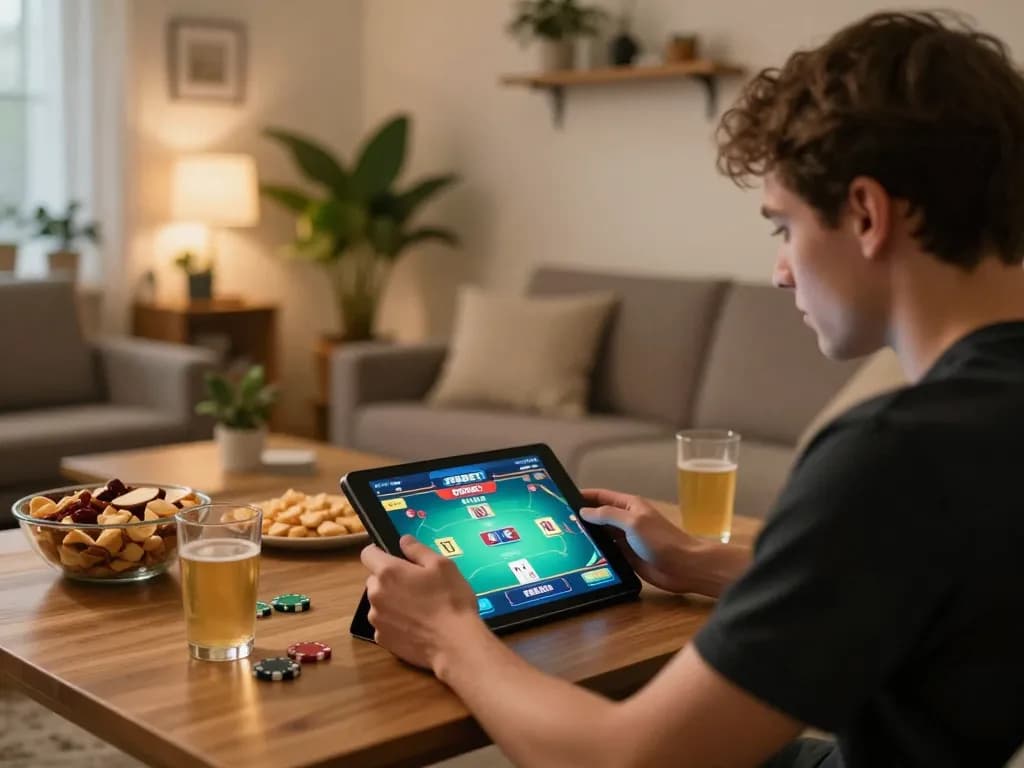 Engaging in a strategic online poker session on F8BET in a cozy home setting.