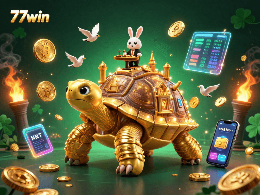 Experience exciting gameplay with 77win featuring a golden tortoise casino and rabbit dealer in a vibrant 3D scene.