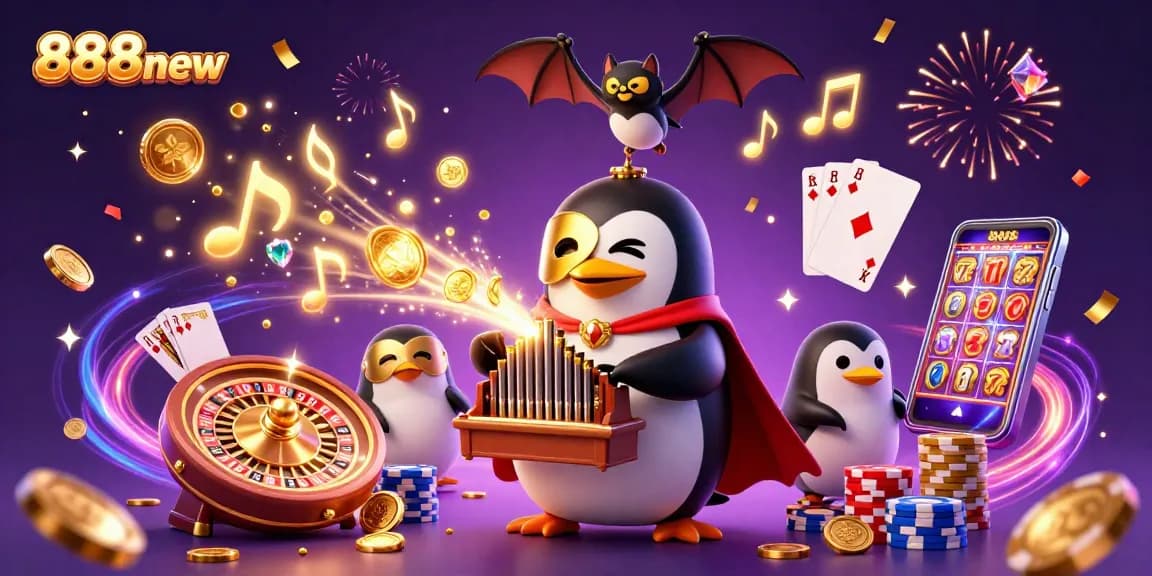 Play 888new's exciting casino games featuring a 3D phantom penguin and a spinning roulette wheel.