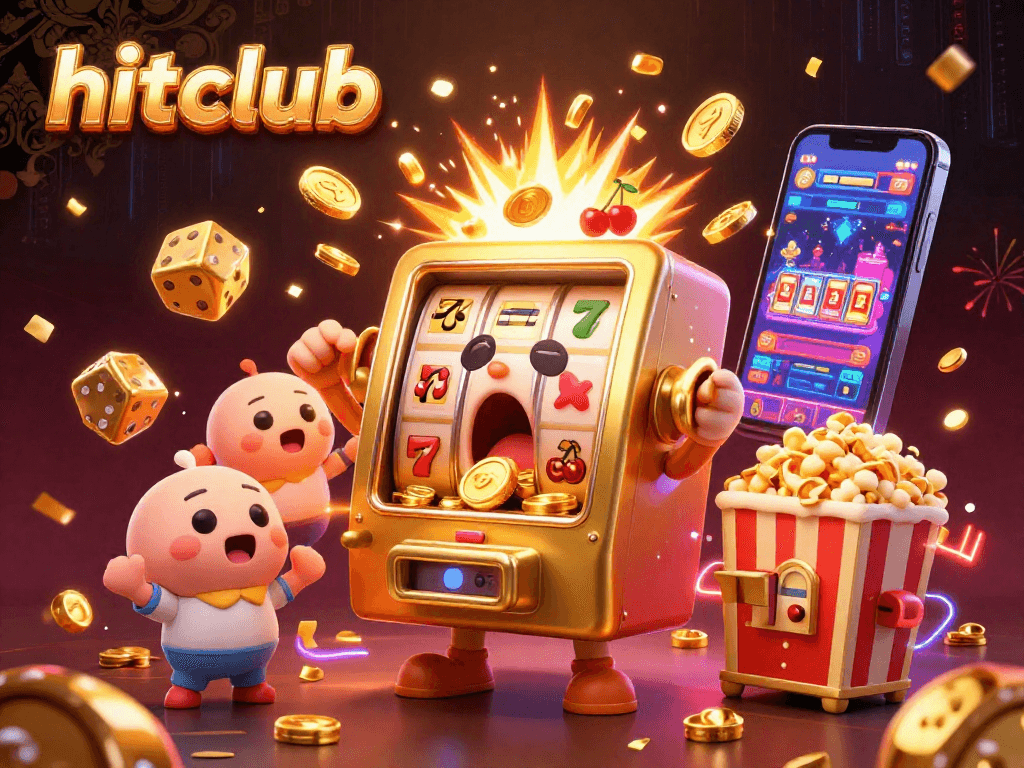 Hitclub showcases a vibrant scene with a golden slot machine celebrating its jackpot amidst festive casino elements.