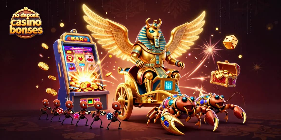 Win with no deposit casino bonuses using dynamic 3D visuals featuring a golden scarab and slot machine.