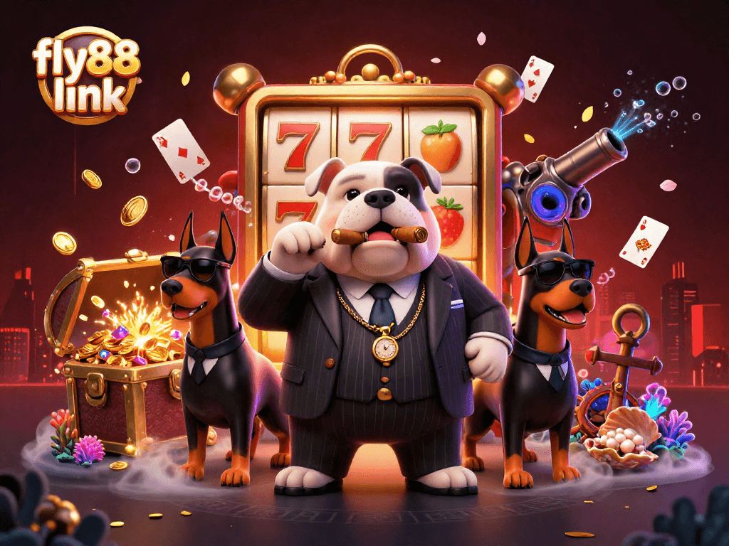 Engage with the exciting fly88 link slots scene featuring a mafia bulldog and poker elements.