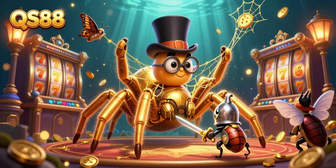 Engage with QS88's exciting slot games featuring a golden tarantula and beetle knight in a 3D casino scene.