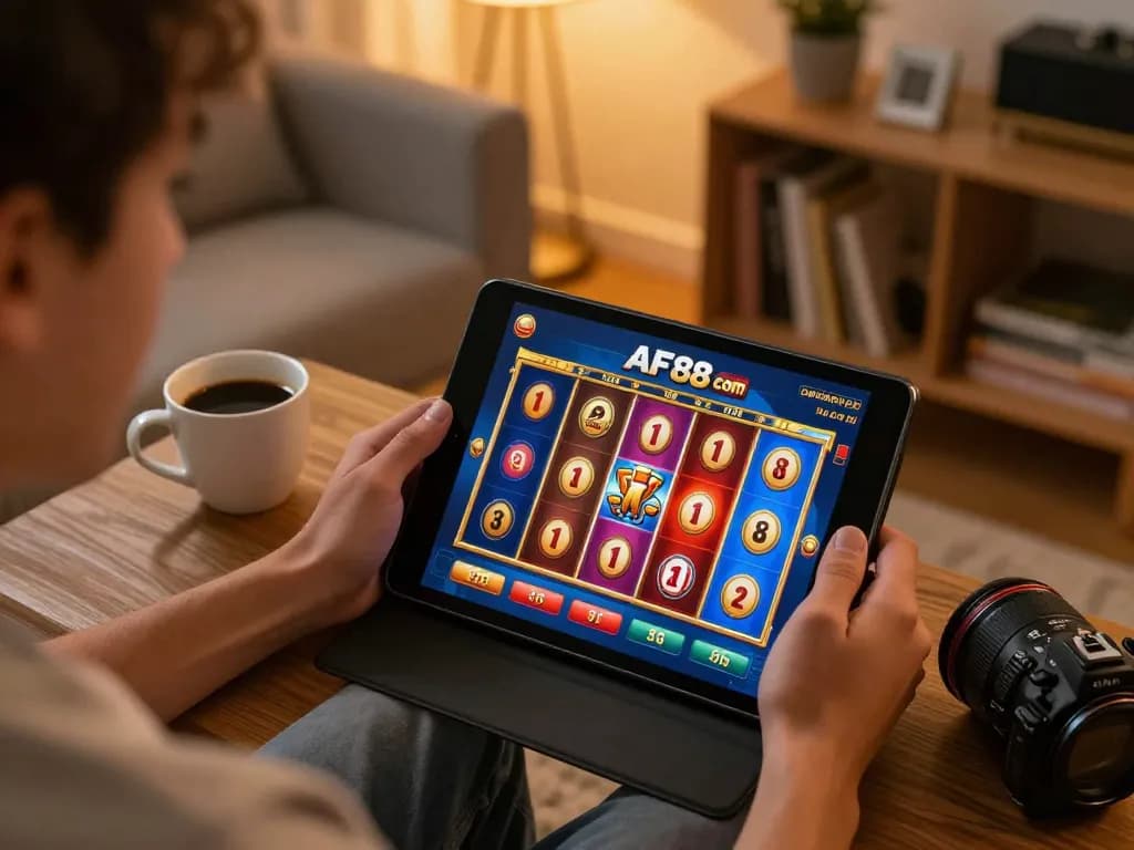 Player engaging with AF88 com slot games on a tablet in a cozy home setup.