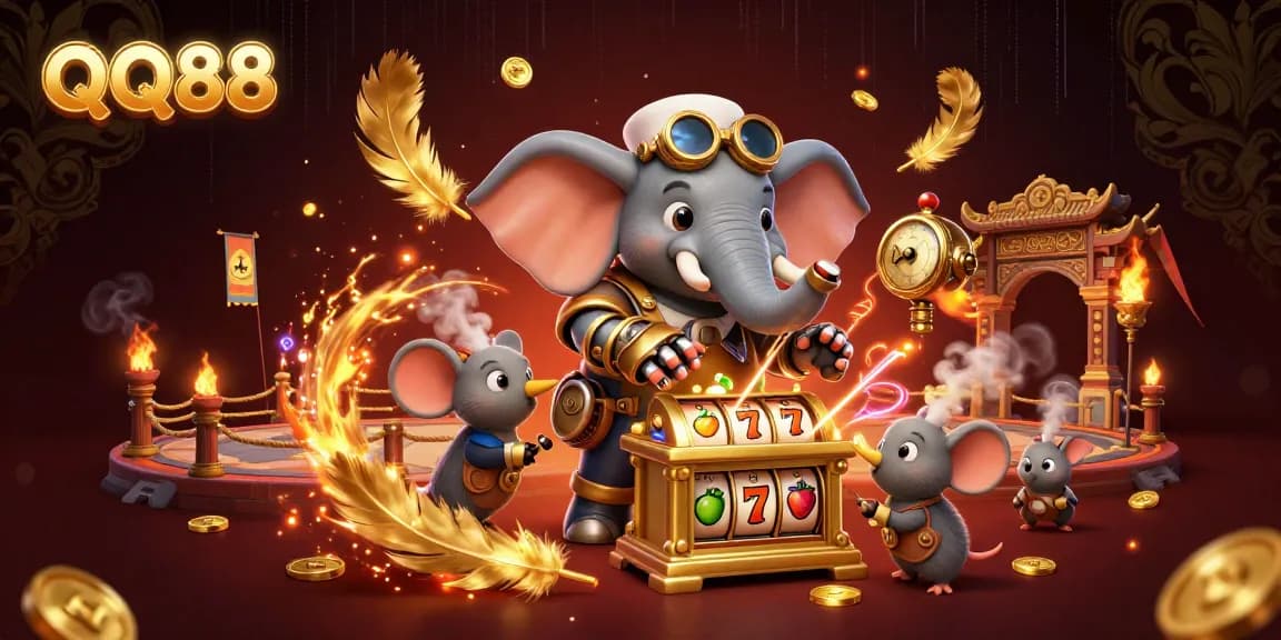 Spin the golden slot machine with QQ88 and steampunk characters in a vibrant casino scene.