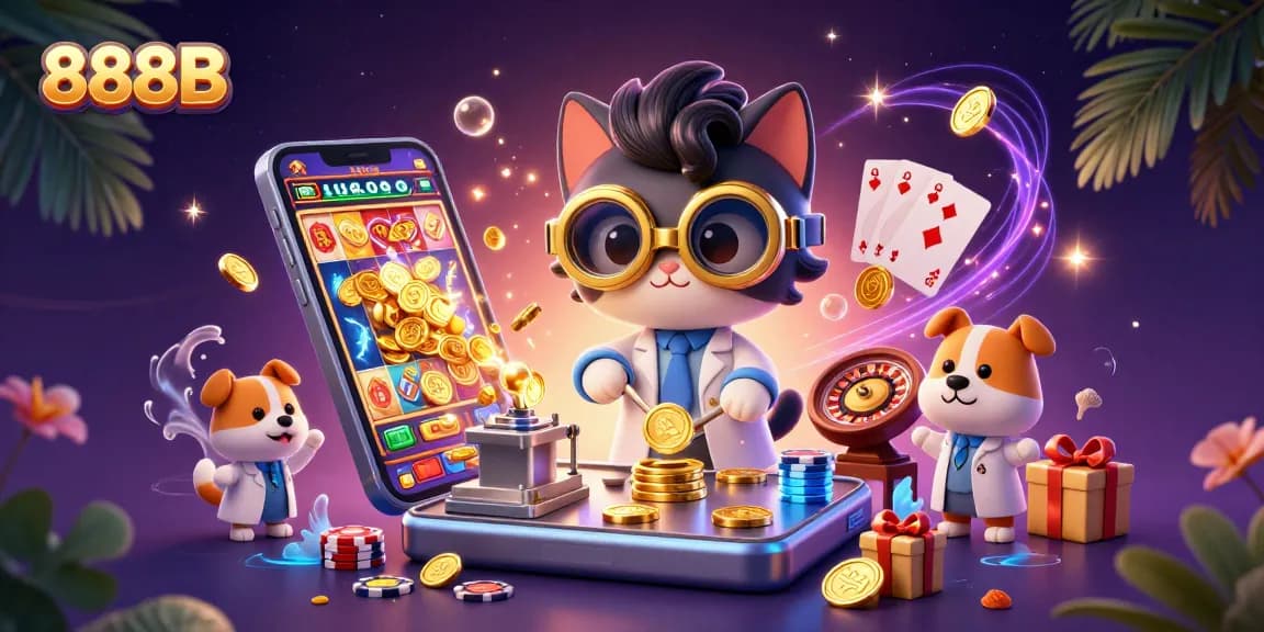 Engage with 888B's thrilling slot games featuring animated characters and vibrant casino elements.