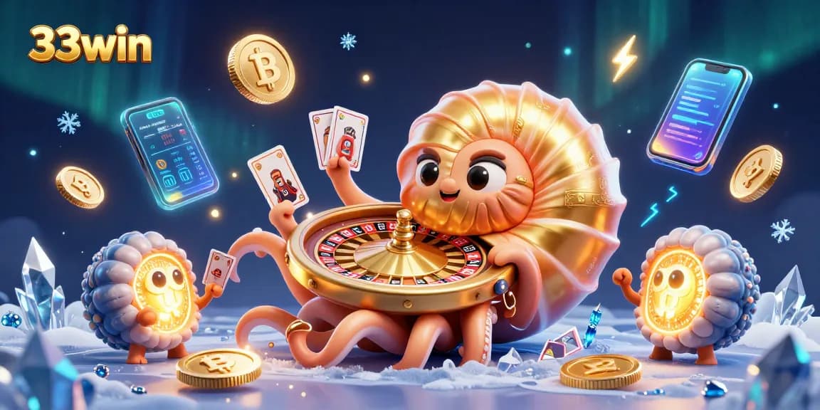 33win offers a vibrant 3D casino scene featuring a nautilus roulette wheel and glowing NFTs, highlighting crypto interactions.