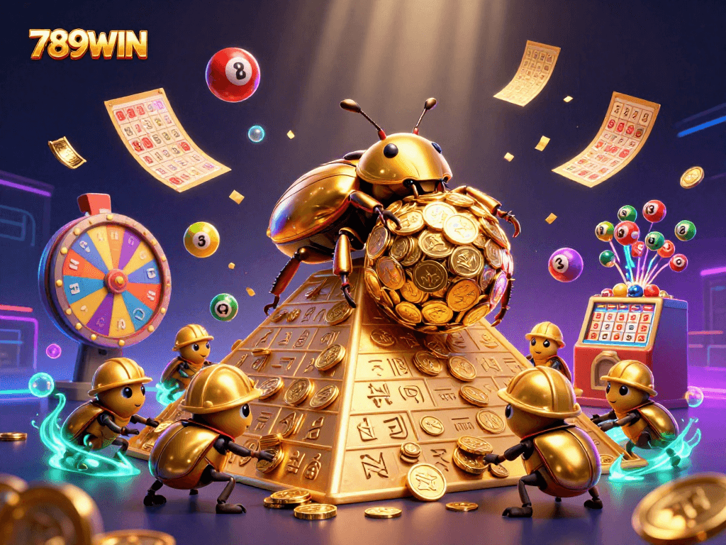 Experience excitement at 789WIN as the golden dung beetles roll coins in a vibrant casino dynamic.