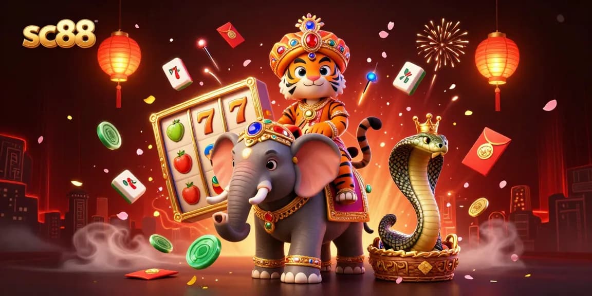 Engage with sc88's vibrant slot scene, featuring a tiger king, an elephant, and a royal cobra.