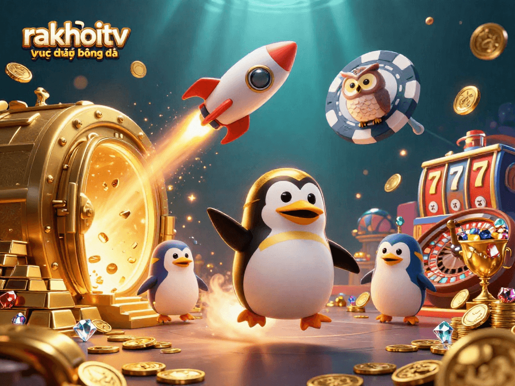 Bet on thrilling games at rakhoitv trực tiếp bóng đá featuring a golden penguin and exciting casino elements.
