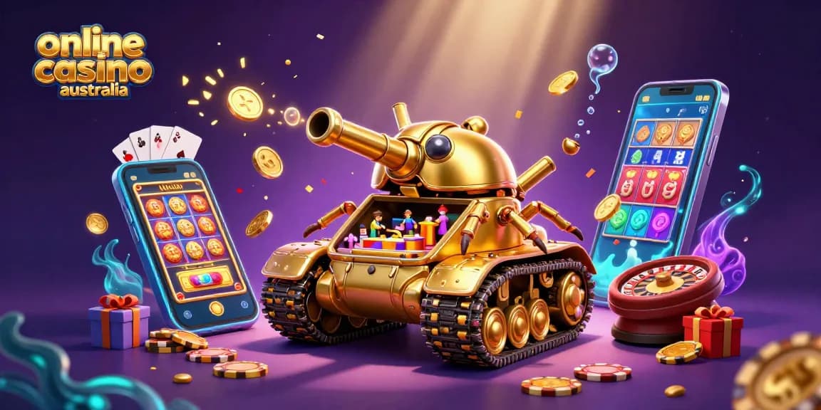 Engaging illustration showcasing online casino Australia with a dynamic beetle tank casino theme and vibrant gaming elements.