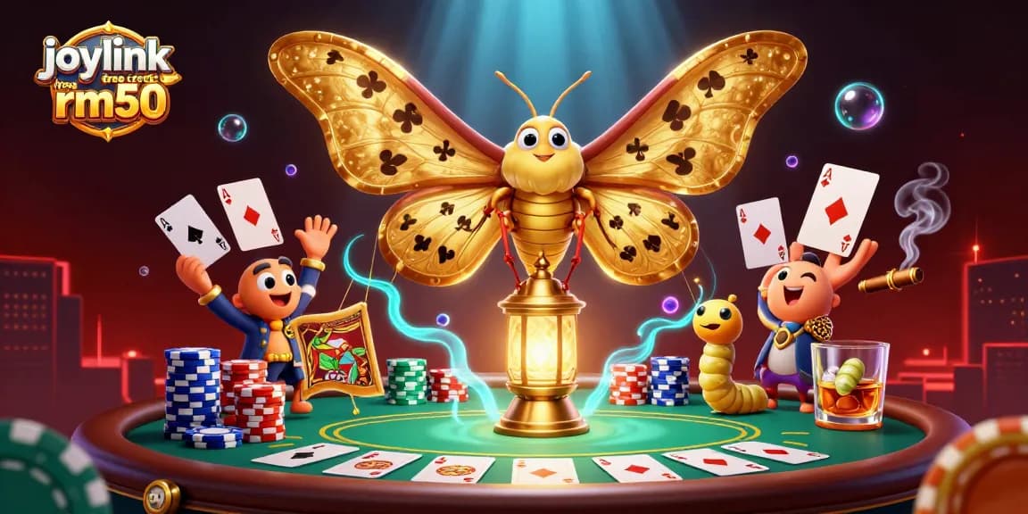 Engage in excitement with joylink free credit rm50 at a vibrant casino scene featuring poker elements.