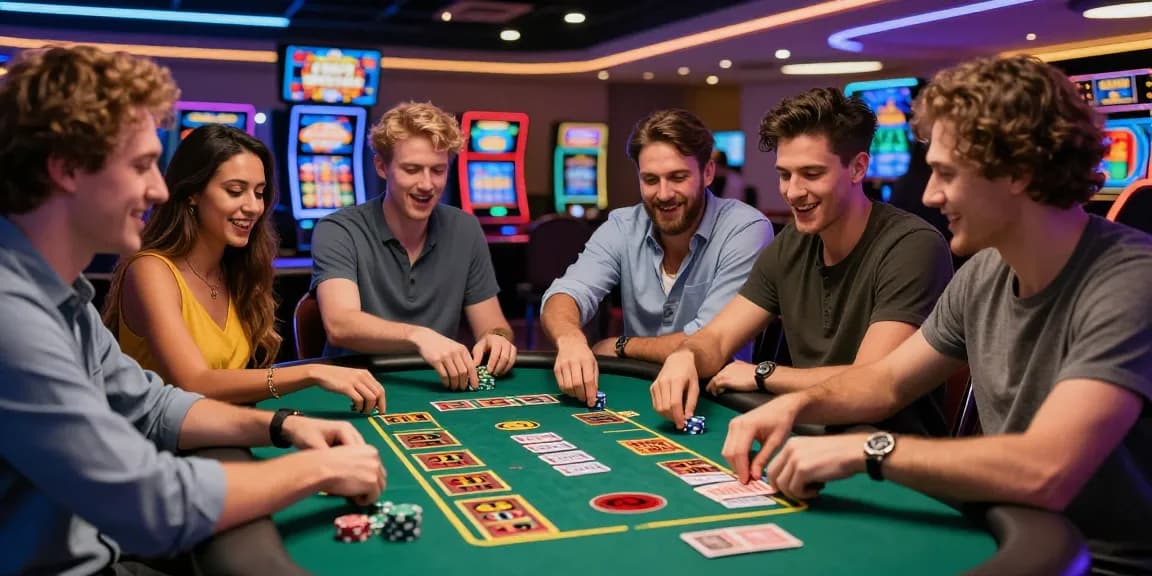 KK55 gaming table scene with excited friends playing slots and card games in a vibrant casino atmosphere.