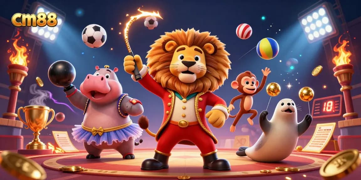 Engage with cm88 for thrilling casino adventure featuring vibrant 3D circus characters and sports elements.