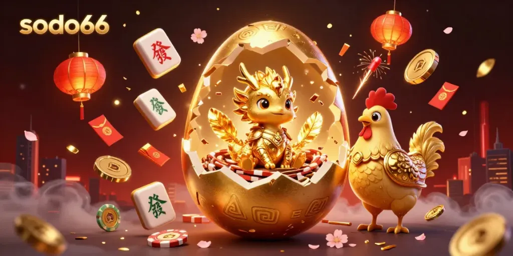 Engage with the sodo66 casino world where a golden dragon emerges from a poker chip nest amidst festive Chinese elements.