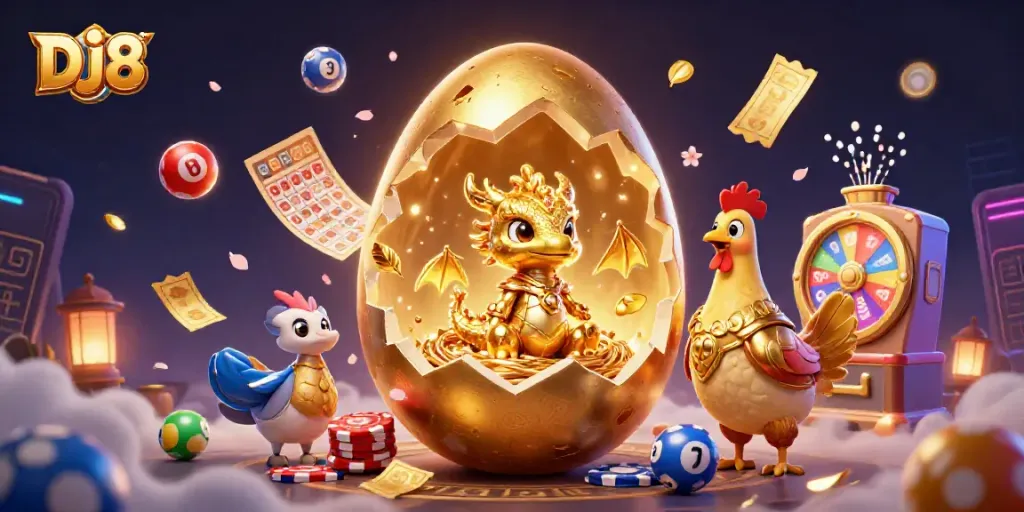 Experience DJ8 with a captivating scene of a golden dragon and poker chips amidst dynamic lottery balls.