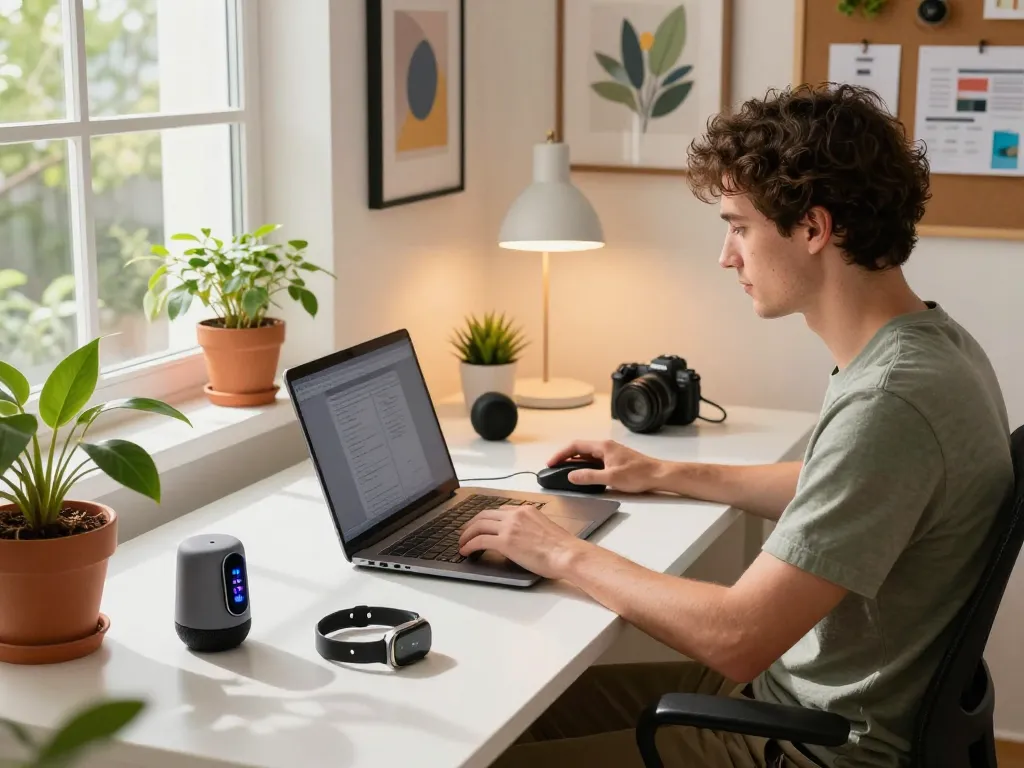 Person utilizing must have tech gadgets in modern home office setup