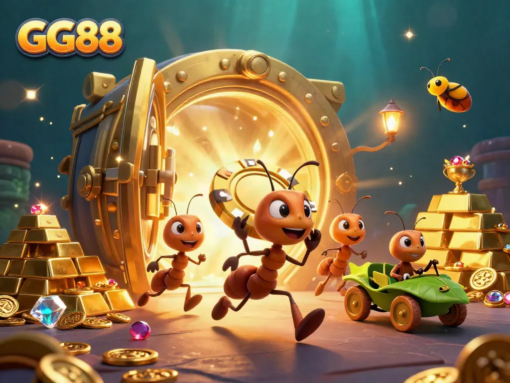 Experience thrilling gameplay with GG88's thrilling heist, showcasing golden poker chips and treasure.