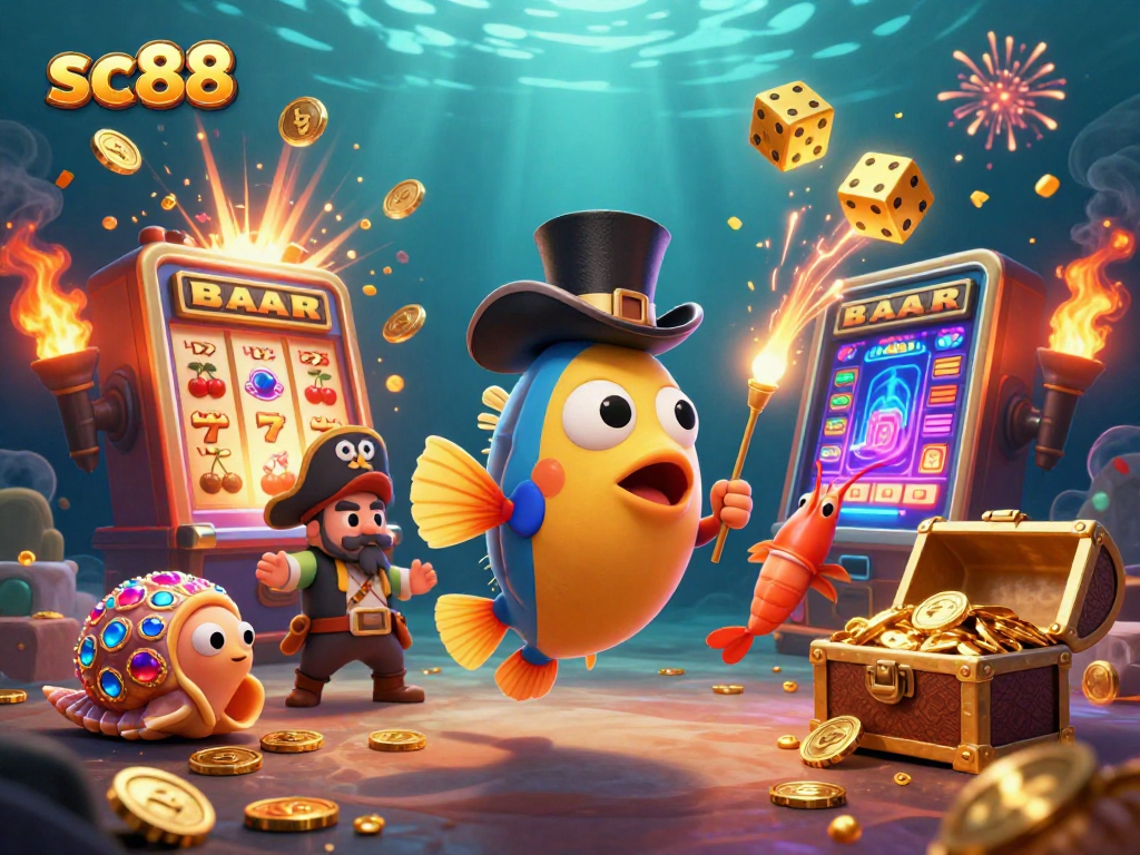 Experience sc88's thrilling jackpot action with an anglerfish and pirate shrimp in a vibrant underwater scene.