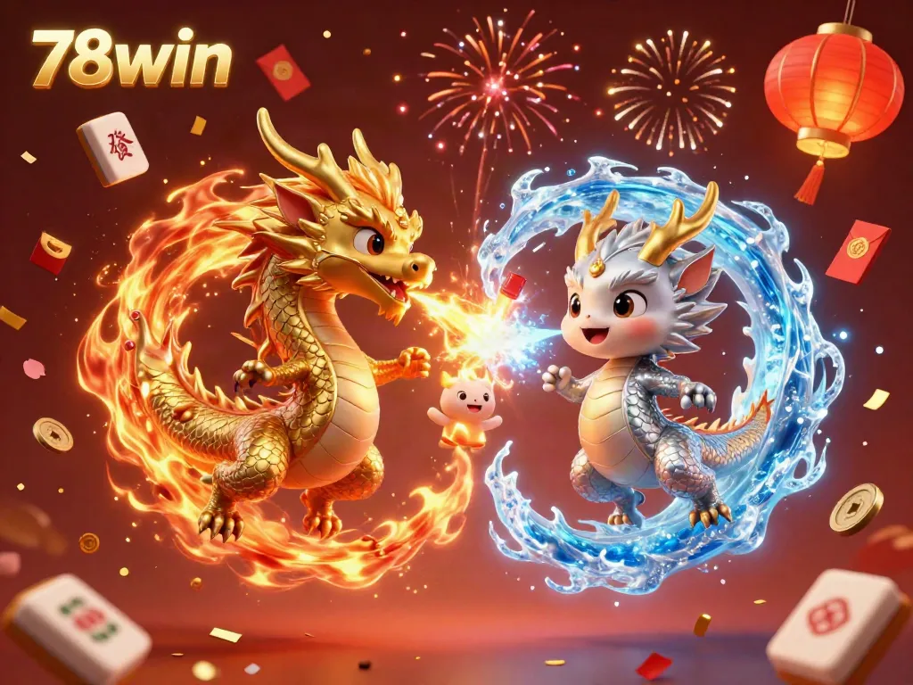 Experience the thrill of 78win with intertwined dragons wielding fire and ice in a vibrant casino scene.