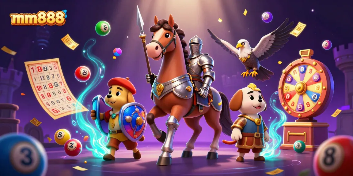 mm888 offers exciting lottery games with vibrant elements and characters in a dynamic casino scene.