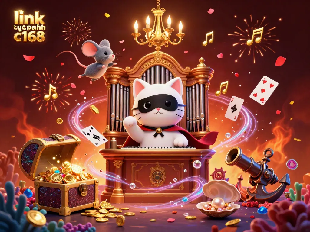 Engage in thrilling gaming at link dự phòng c168 with a captivating 3D casino scene showcasing a masked cat and an acrobat.