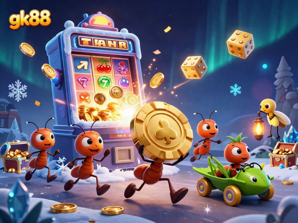 Experience thrilling gaming with gk88's golden poker chip heist and colorful casino elements in this vibrant 3D illustration.