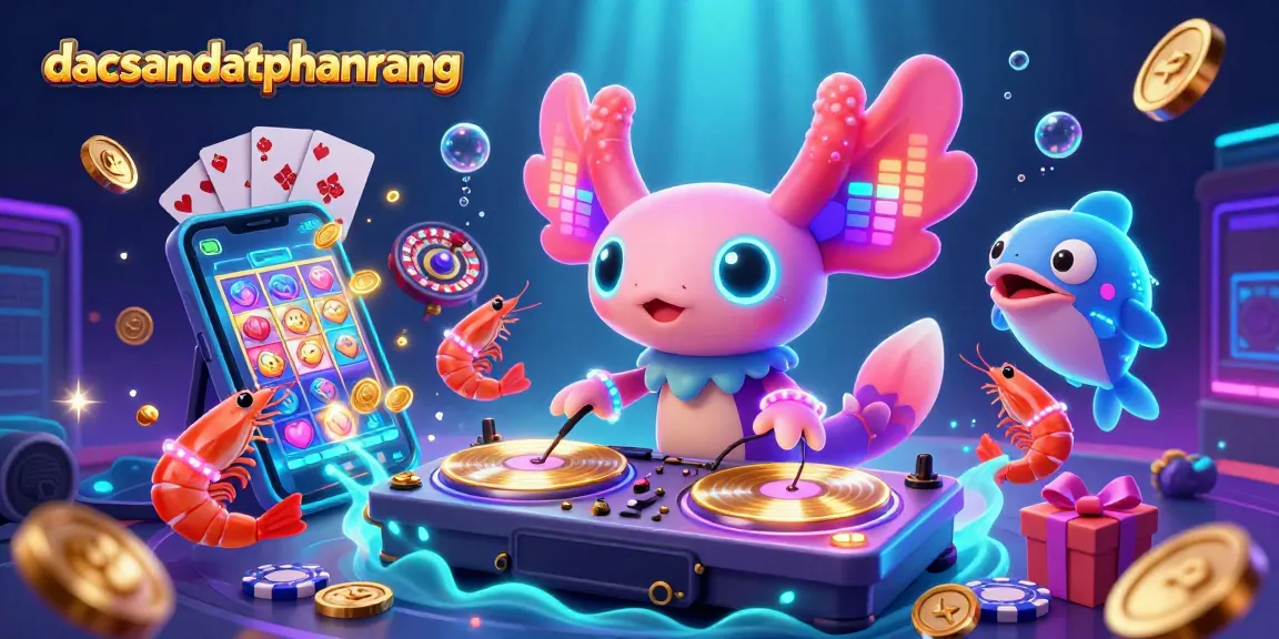 Play the latest games at dacsandatphanrang with vibrant casino elements, slot machines, and energetic characters.