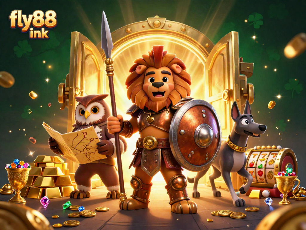 Engage with fly88 link in this vibrant 3D casino scene filled with treasures and strategy.