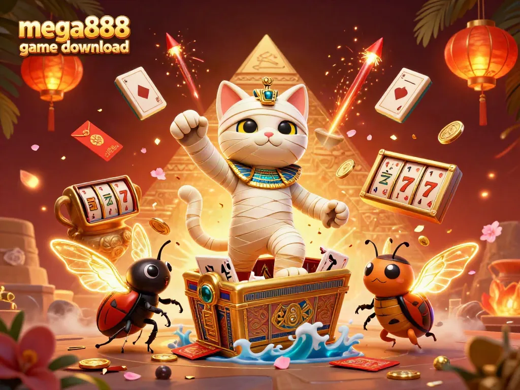 Mega888 game download illustrated with a dynamic scene of a mummy cat and casino elements.