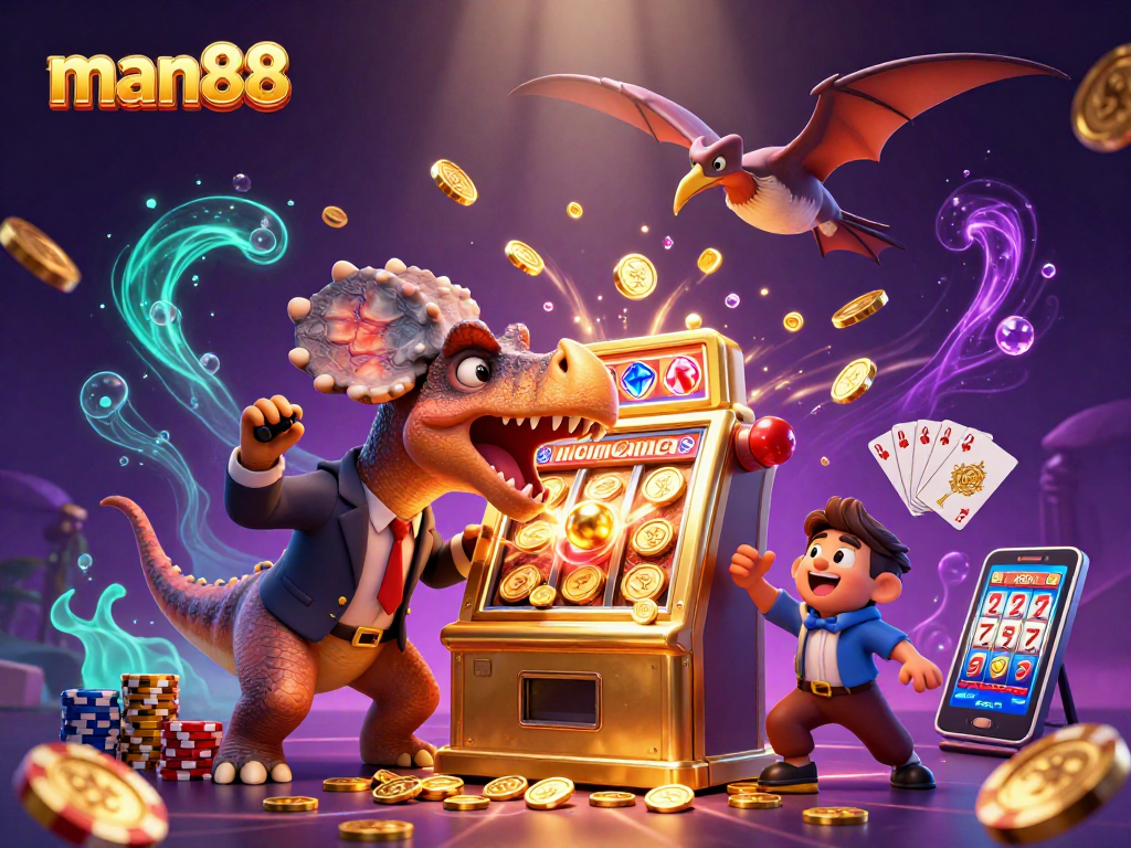 man88 slot machine jackpot scene with dinosaurs and coins flying