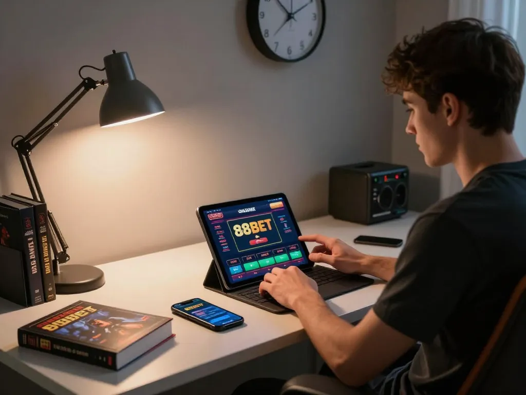 Gambling enthusiast navigating the 88BET online casino interface on tablet, showcasing strategic gameplay.