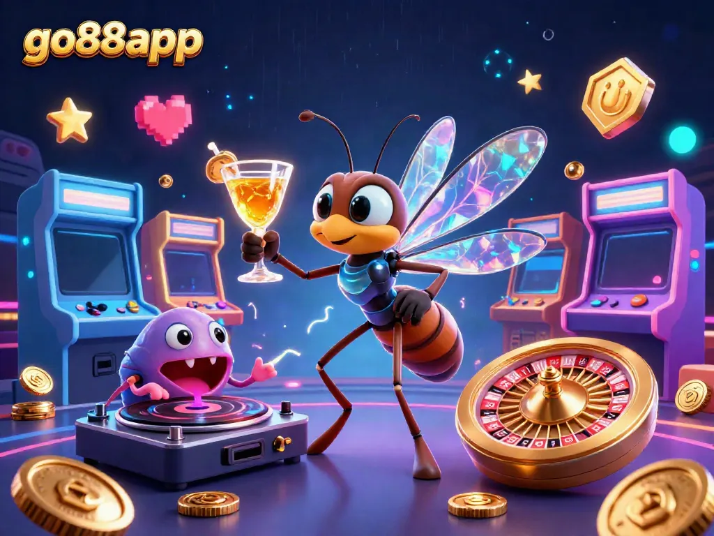 Engage with thrilling games at go88app, featuring vibrant casino elements and arcade iconography.