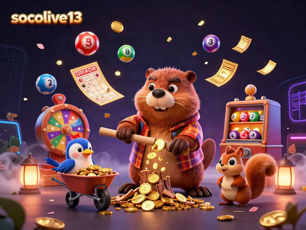 Experience the thrilling action of socolive13 with a beaver and companions celebrating a jackpot with golden coins raining down.