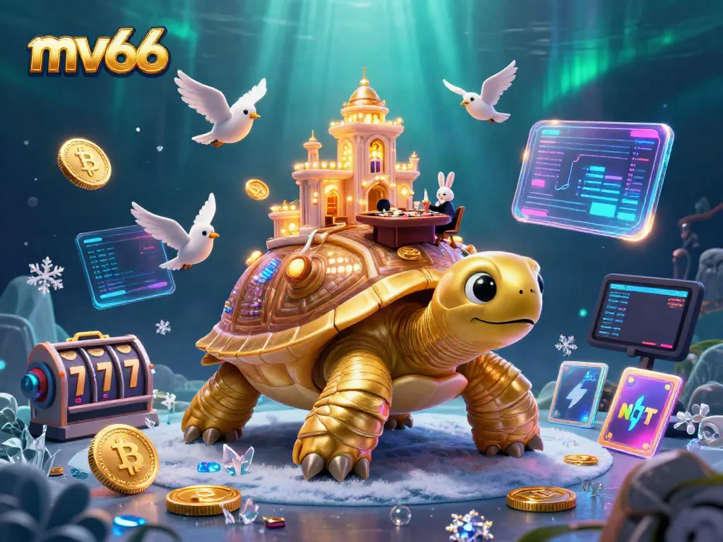 Join the fun with mv66 in this vibrant 3D casino scene featuring a golden tortoise and a rabbit dealer.