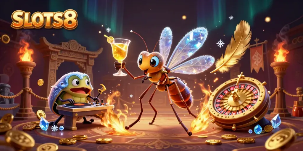 SLOTS8 captivates with a vibrant casino scene featuring a mosquito mascot, trilobite DJ, and a unique roulette wheel.