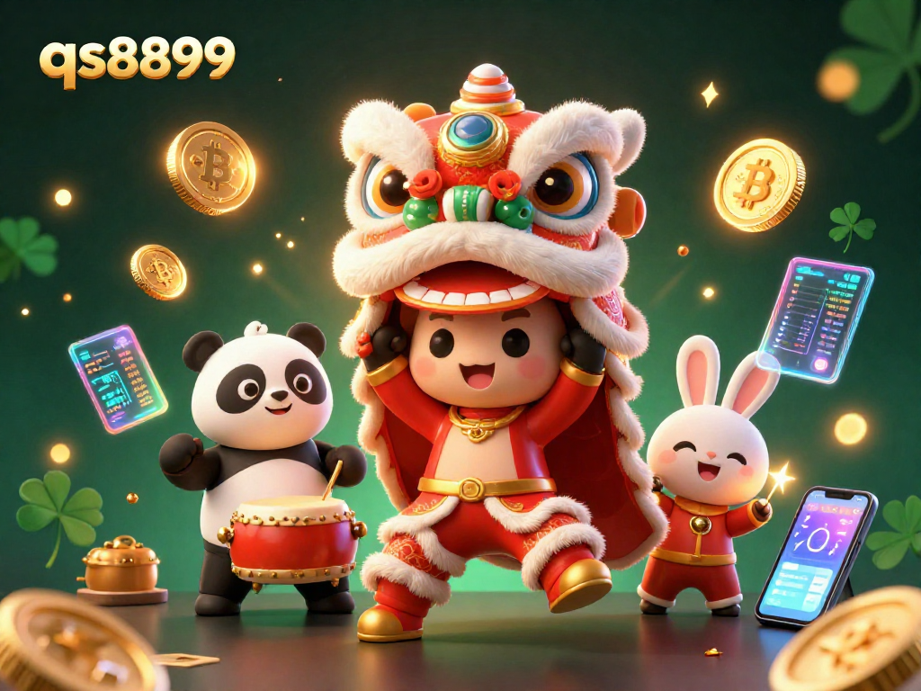 Experience exciting gambling with qs8899 as charming characters celebrate with casino-themed elements and crypto coins.