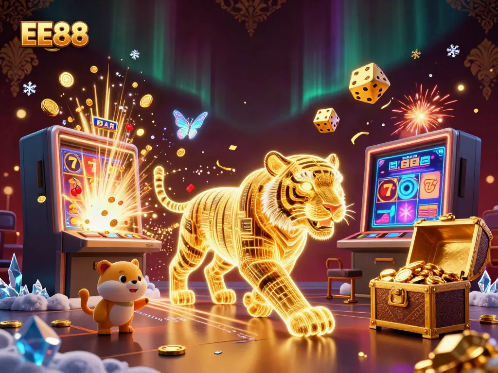Engage with EE88's thrilling digital casino world featuring vibrant slot machines and animated characters.
