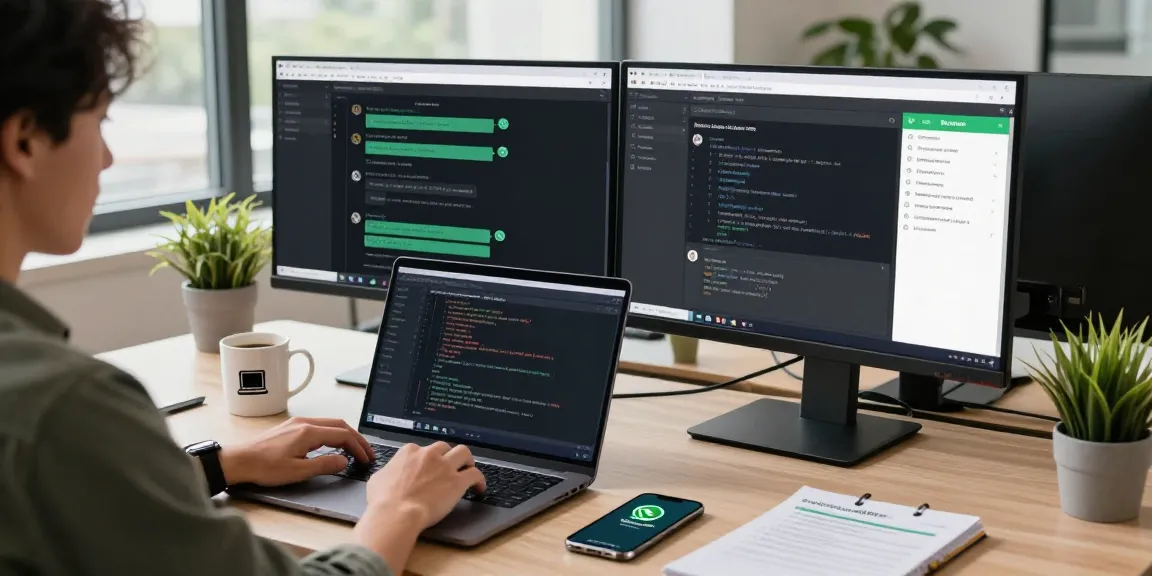 Developer efficiently using WhatsApp網頁版 on dual monitors in a modern workspace.