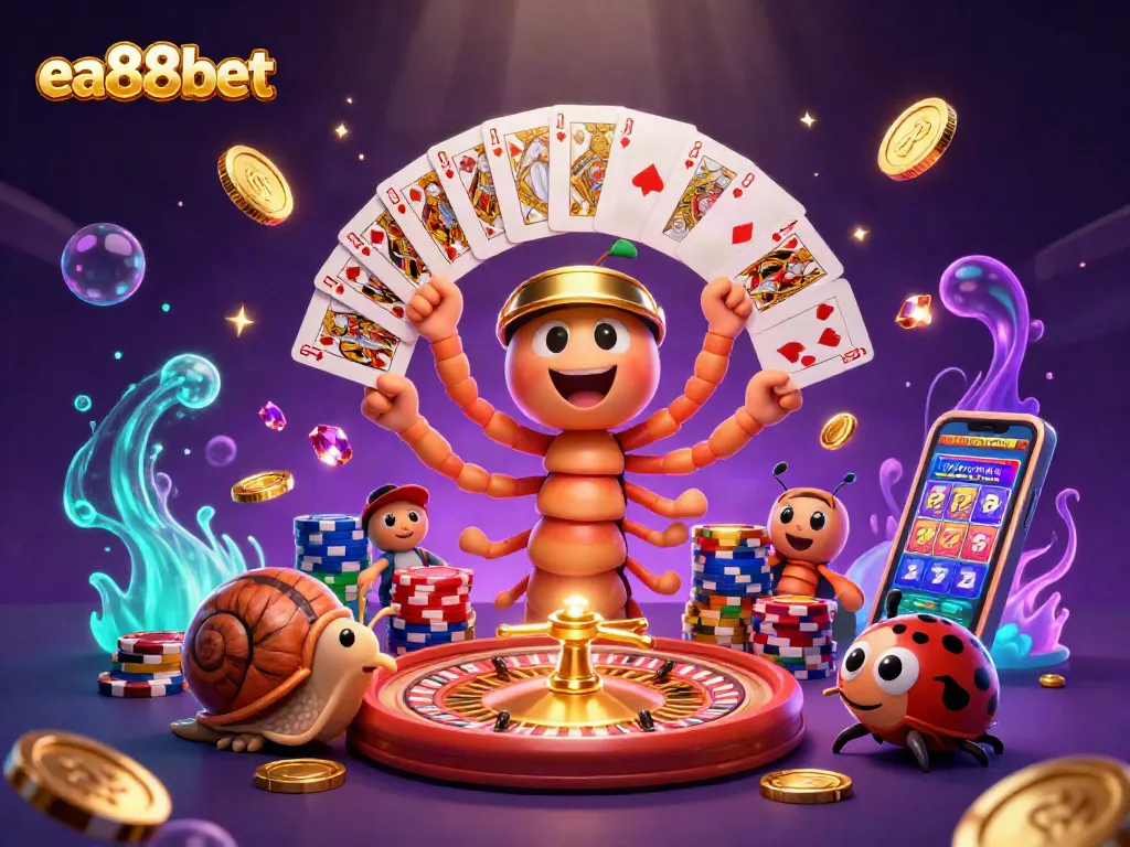 ea88bet showcases a lively casino scene with enthusiastic characters, thrilling games, and dynamic elements.