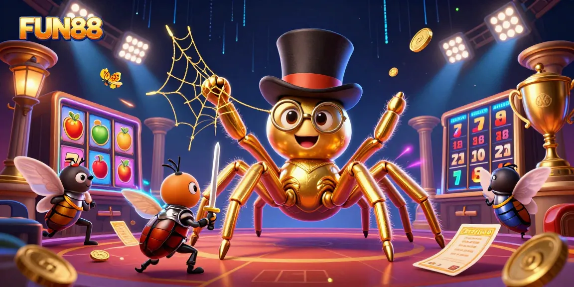 Play slots and win big with FUN88, featuring a vibrant 3D casino scene with golden elements.