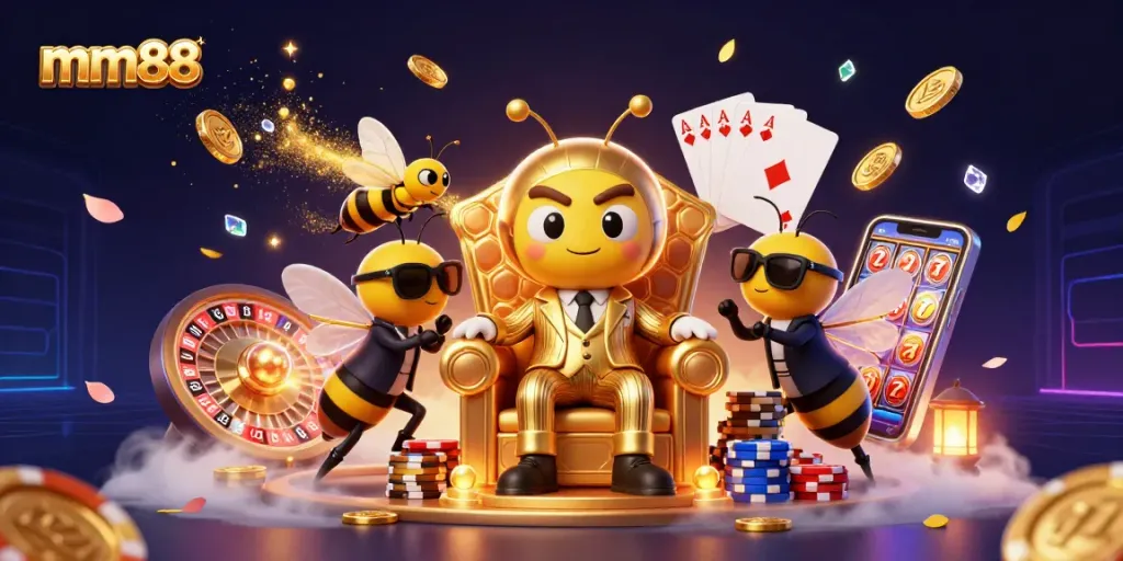 Experience the excitement of mm88 with a vibrant casino scene featuring characters and gaming elements.