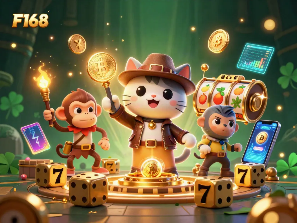 Engage with F168 games in a vibrant, casino-themed adventure featuring a playful cat and monkey companions.