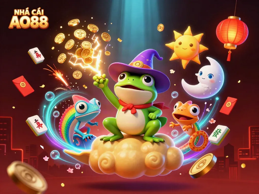 Engage with NHÀ CÁI AO88's vibrant online casino adventure, featuring cartoon characters inspiring luck and fortune.