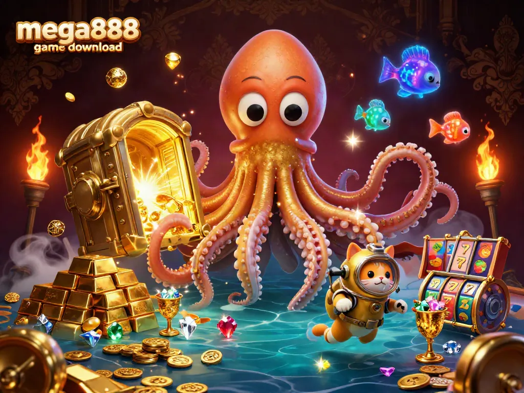Experience the thrilling mega888 game download with a vibrant display of casino symbols and treasures.