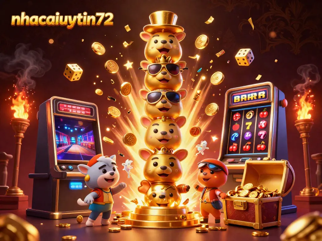 Experience the excitement of nhacaiuytin72 with vibrant 3D casino-themed illustration filled with slots and shining treasures.